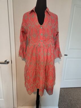 Women's Coral Embroidered Midi Dress with Collar